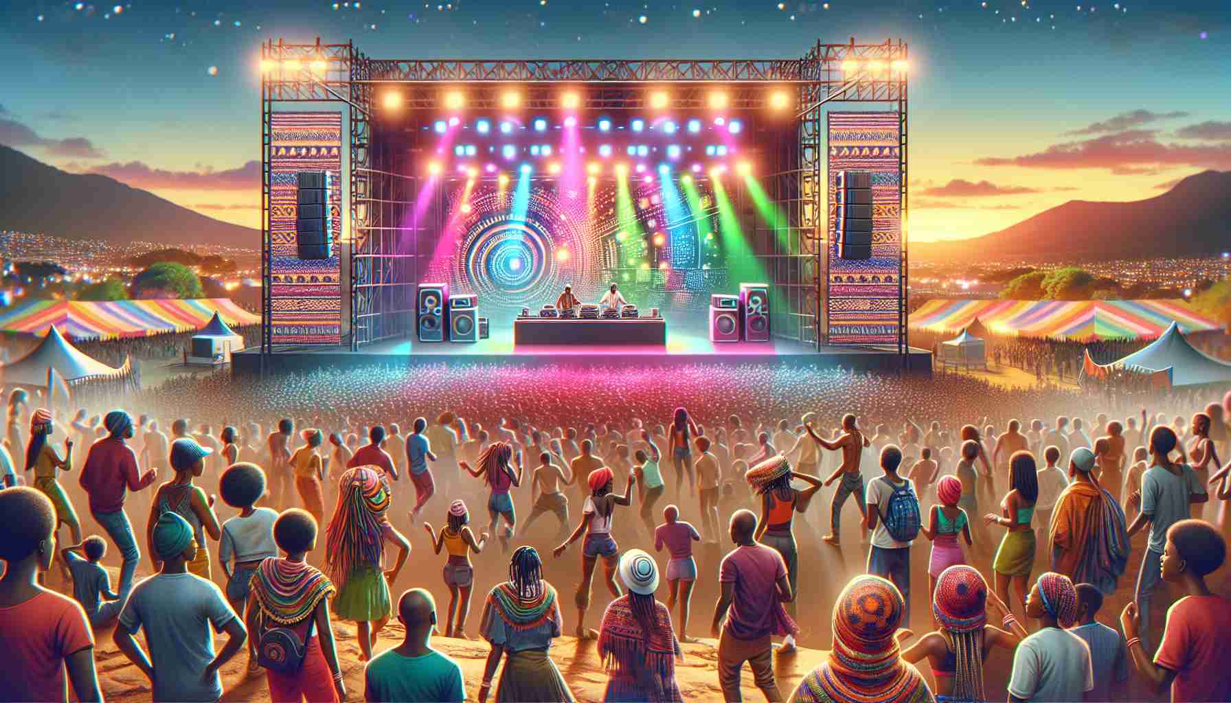 Create a highly detailed and realistic image of a music festival setting in South Africa. Picture a vibrant scene with people of diverse descents dancing to the beat, multi-colored stage lights illuminating the evening sky, and a DJ onstage spinning tracks. The crowd is buzzing with excitement, and music fills the air.