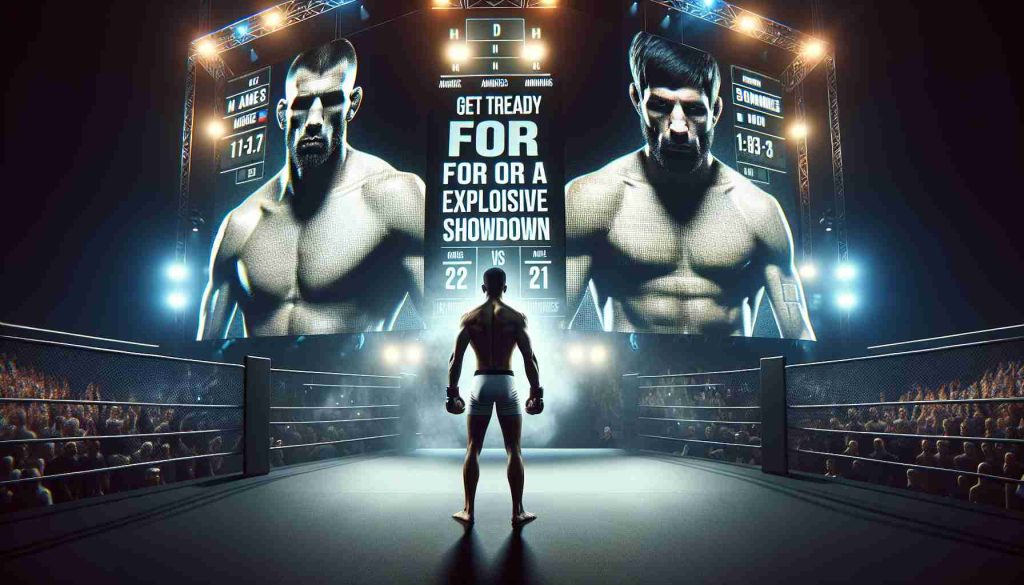 Create an intense HD image capturing the aura of an imminent face-off between two anonymous professional mixed martial artists. Show the fight stage dramatically lit, both athletes in their respective corners, displaying their individual styles and characteristics. Athlete one has a strong, muscular build, and athlete two has a leaner, agile physique. The phrase 'Get Ready for an Explosive Showdown' is displayed prominently on the digital screen behind the stage.