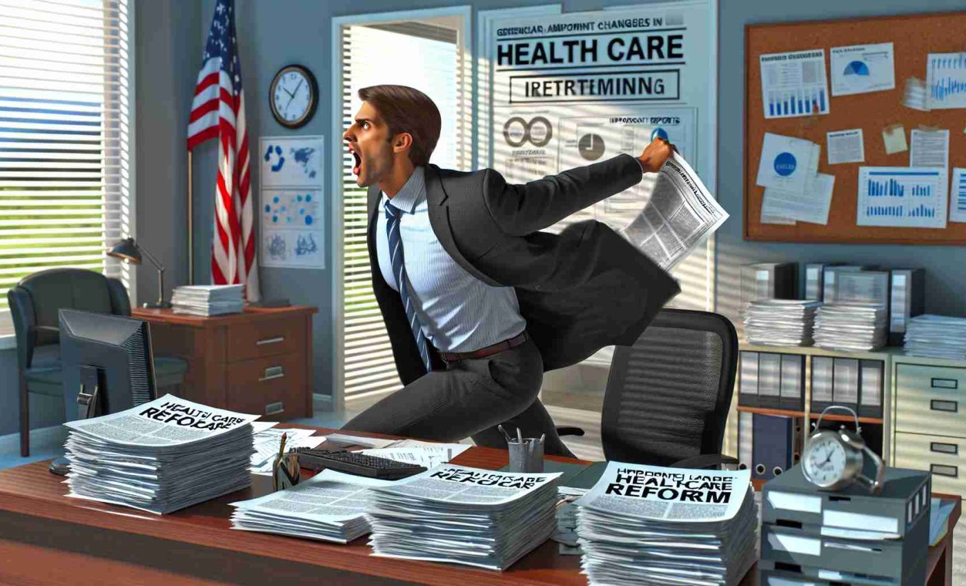 Hyper-realistic, high-definition image of a generic politician enthusiastically returning to his office, intent on implementing major changes in health care policy. The office is filled with documents, charts, and important reports related to healthcare reform. The politician exhibits an air of determination, embodying the anticipation of significant policy adjustments.