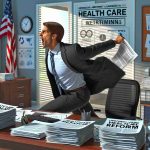 Hyper-realistic, high-definition image of a generic politician enthusiastically returning to his office, intent on implementing major changes in health care policy. The office is filled with documents, charts, and important reports related to healthcare reform. The politician exhibits an air of determination, embodying the anticipation of significant policy adjustments.