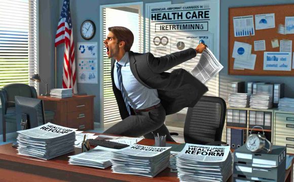 Hyper-realistic, high-definition image of a generic politician enthusiastically returning to his office, intent on implementing major changes in health care policy. The office is filled with documents, charts, and important reports related to healthcare reform. The politician exhibits an air of determination, embodying the anticipation of significant policy adjustments.