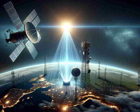 A high-definition, realistic image representing a symbolic partnership between a satellite internet company and a cellular service provider. The image showcases a scene where a satellite in space beams down connection signals towards a ground station on Earth, signaling the end to cellular service blackouts. Represent the companies with generic symbols, such as a satellite for the space internet company and a cellular tower for the mobile services provider.