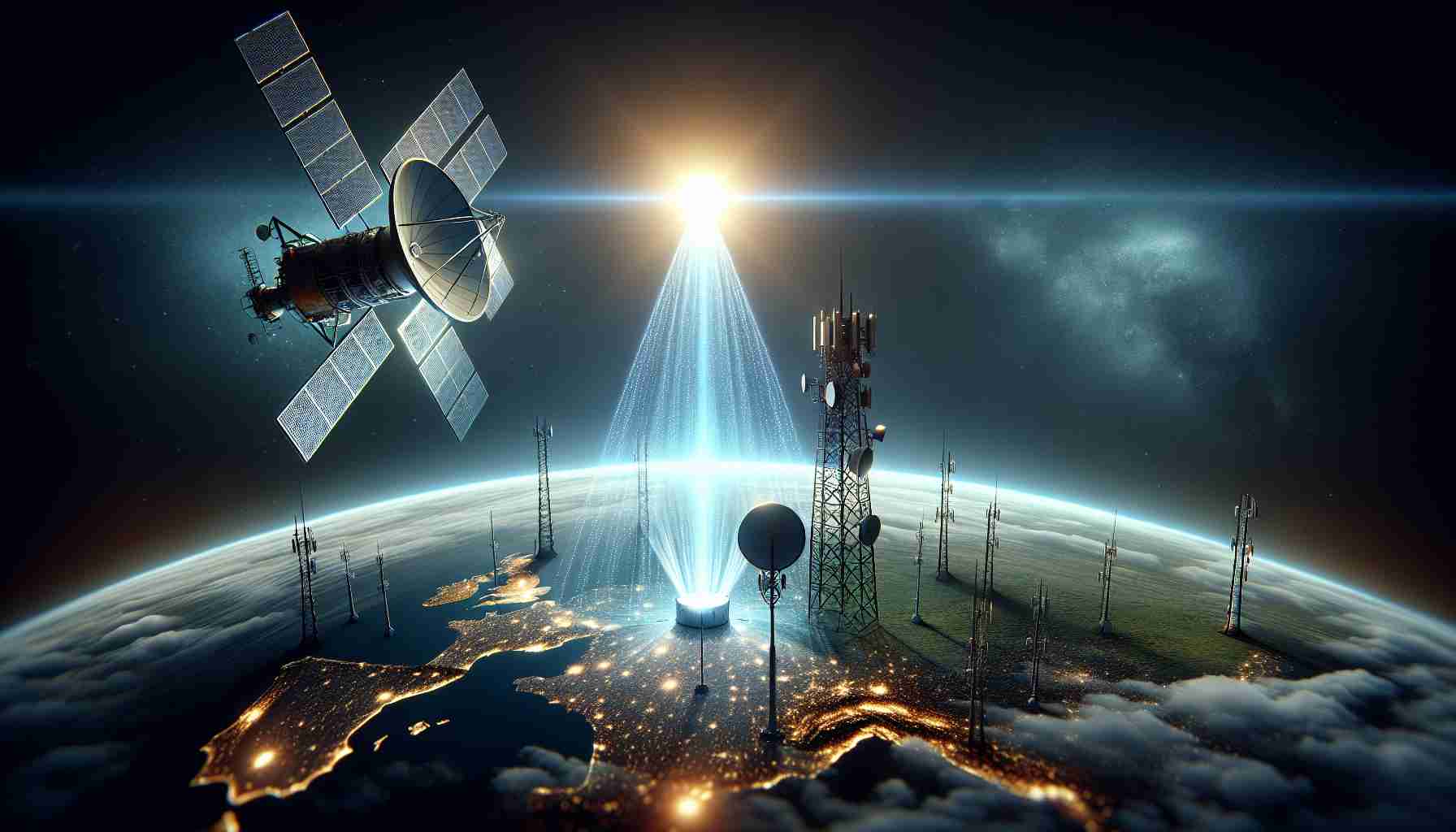 A high-definition, realistic image representing a symbolic partnership between a satellite internet company and a cellular service provider. The image showcases a scene where a satellite in space beams down connection signals towards a ground station on Earth, signaling the end to cellular service blackouts. Represent the companies with generic symbols, such as a satellite for the space internet company and a cellular tower for the mobile services provider.