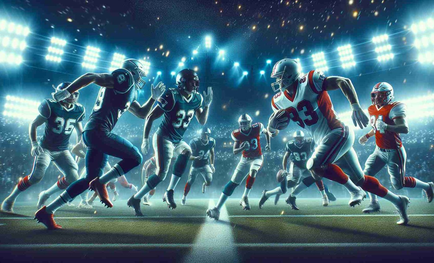 Generate a realistic HD image of an intense football match scene, where two prominent football teams, represented by players in distinct uniform colors, are engaged in a high-stakes game under the bright lights. The atmosphere is electric, and the tension palpable as the floodlit stadium is filled with an eager crowd waiting to witness the ultimate showdown!