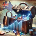 Realistic, high-definition visualization of the concept of 'Unlock Hidden Gems'. This could include a large, aged, rusty lock being opened on a wooden treasure chest, with the chest overflowing with various gemstones. Set against a backdrop that signifies Australia such as a vintage map of Australia, landmarks or Australian flora and fauna. Beside this, a graph dramatically rising to signify the rising penny stocks, using Australian currency symbols to highlight the location of the stocks. The overall colors should echo the hues of Australia: earthy browns, deep greens, and vivid blues.