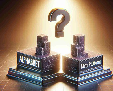 A realistic HD illustration of two structures symbolizing investments, one labeled 'Alphabet' and the other 'Meta Platforms', with a question mark hovering above them, implying the dilemma of choice for investing in 2024.