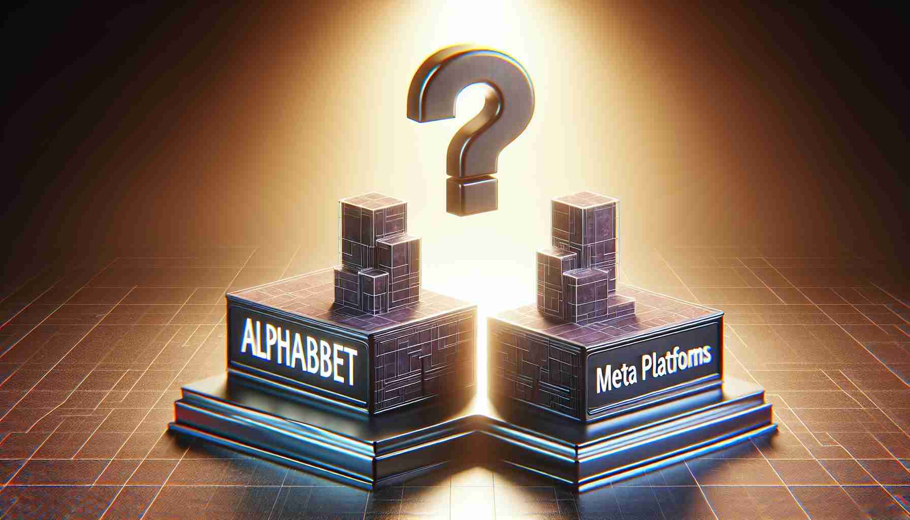 A realistic HD illustration of two structures symbolizing investments, one labeled 'Alphabet' and the other 'Meta Platforms', with a question mark hovering above them, implying the dilemma of choice for investing in 2024.