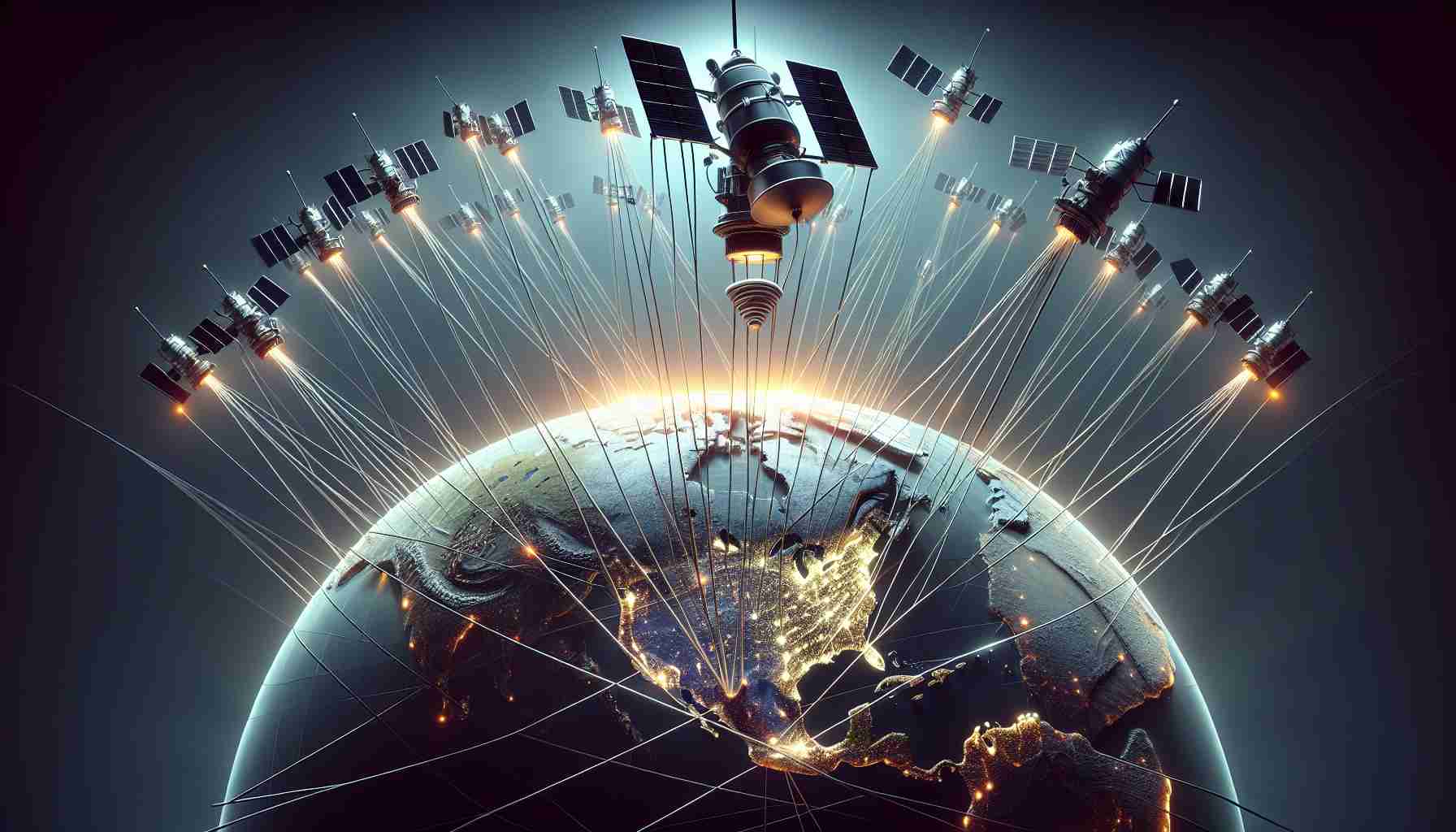 A high-resolution, realistic image depicting the abstract concept of geopolitical influence on media, visualized through a metaphorical representation. Display a globe with various countries marked on it, connected by taut strings to a number of hovering satellites emitting light. Each light beam terminates in radio waves, symbolizing the transmission of information. The scene suggests the underlying question of media control and the influence of state narratives. Do not draw any specific countries and their leaders or any real public figures.