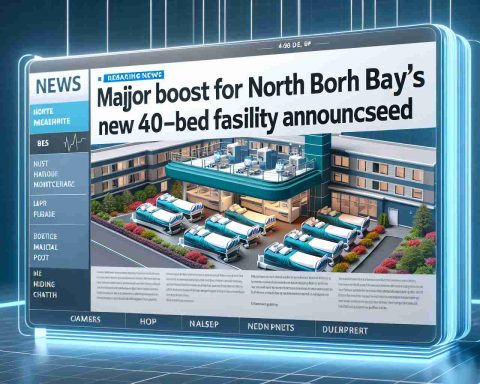 Realistic high-definition image of a headline or news story banner that reads 'Major Boost for North Bay's Healthcare System: New 40-Bed Facility Announced'. Include the image of an illustrative modern healthcare facility with 40 beds, well equipped with medical amenities. Evoke a sense of improvement and progress in healthcare infrastructure.