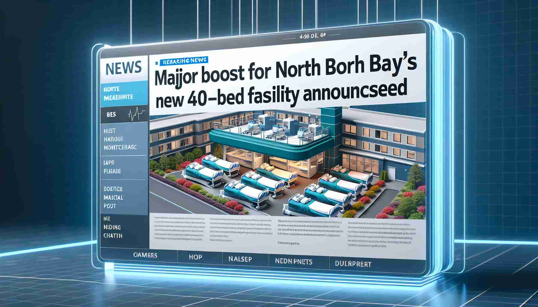 Realistic high-definition image of a headline or news story banner that reads 'Major Boost for North Bay's Healthcare System: New 40-Bed Facility Announced'. Include the image of an illustrative modern healthcare facility with 40 beds, well equipped with medical amenities. Evoke a sense of improvement and progress in healthcare infrastructure.