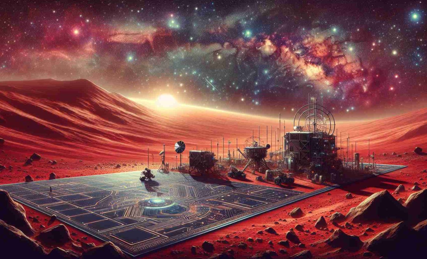 A high-definition, realistic painting capturing the beauty and mystery of Mars as the next frontier in space exploration. It showcases the captivating red Martian landscape, dotted with high-tech equipment and groundbreaking machinery symbolizing revolutionary technologies. The sky is studded with stars, exhibiting the infinite potential of the universe. The image evokes a sense of exhilaration and anticipation of the discoveries that await us.