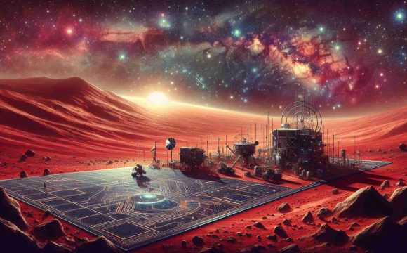 A high-definition, realistic painting capturing the beauty and mystery of Mars as the next frontier in space exploration. It showcases the captivating red Martian landscape, dotted with high-tech equipment and groundbreaking machinery symbolizing revolutionary technologies. The sky is studded with stars, exhibiting the infinite potential of the universe. The image evokes a sense of exhilaration and anticipation of the discoveries that await us.