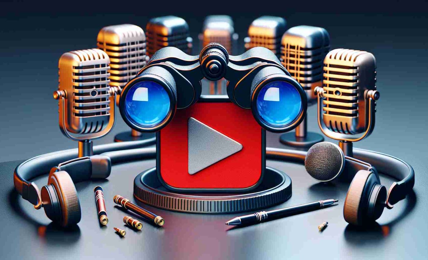 High definition, realistic image of a metaphorical representation of a music streaming platform setting its sights on a video-sharing website, indicating a new era for video podcasts. This could be represented by an image of binoculars honing into the logo of a play button typically associated with video sharing platforms coupled with a backdrop of podcast microphones and headphones.