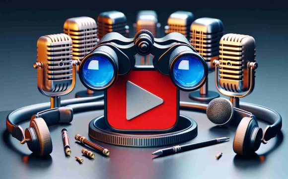 High definition, realistic image of a metaphorical representation of a music streaming platform setting its sights on a video-sharing website, indicating a new era for video podcasts. This could be represented by an image of binoculars honing into the logo of a play button typically associated with video sharing platforms coupled with a backdrop of podcast microphones and headphones.