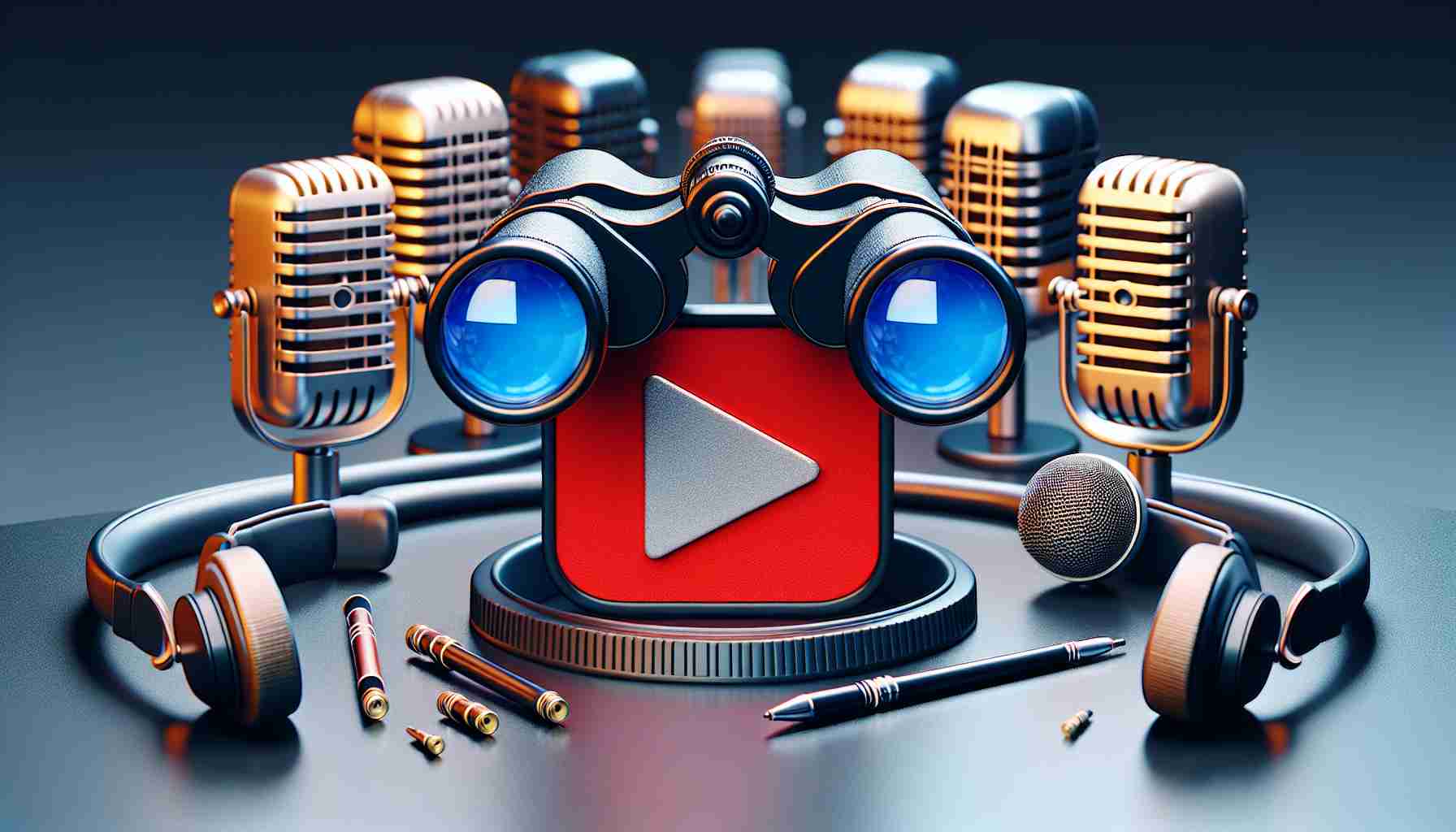 High definition, realistic image of a metaphorical representation of a music streaming platform setting its sights on a video-sharing website, indicating a new era for video podcasts. This could be represented by an image of binoculars honing into the logo of a play button typically associated with video sharing platforms coupled with a backdrop of podcast microphones and headphones.