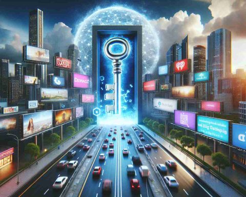 A high-resolution image illustrating the concept of 'Unlocking the Future'. This scene depicts the process of reshaping the advertising landscape, perhaps symbolized by a massive key unlocking a door that leads to a modern city filled with billboards and digital screens flashing various ads. Behind the door, represent technologies such as AI, Big Data, and Cloud Computing. The visuals should reflect optimism, innovation, and progress.