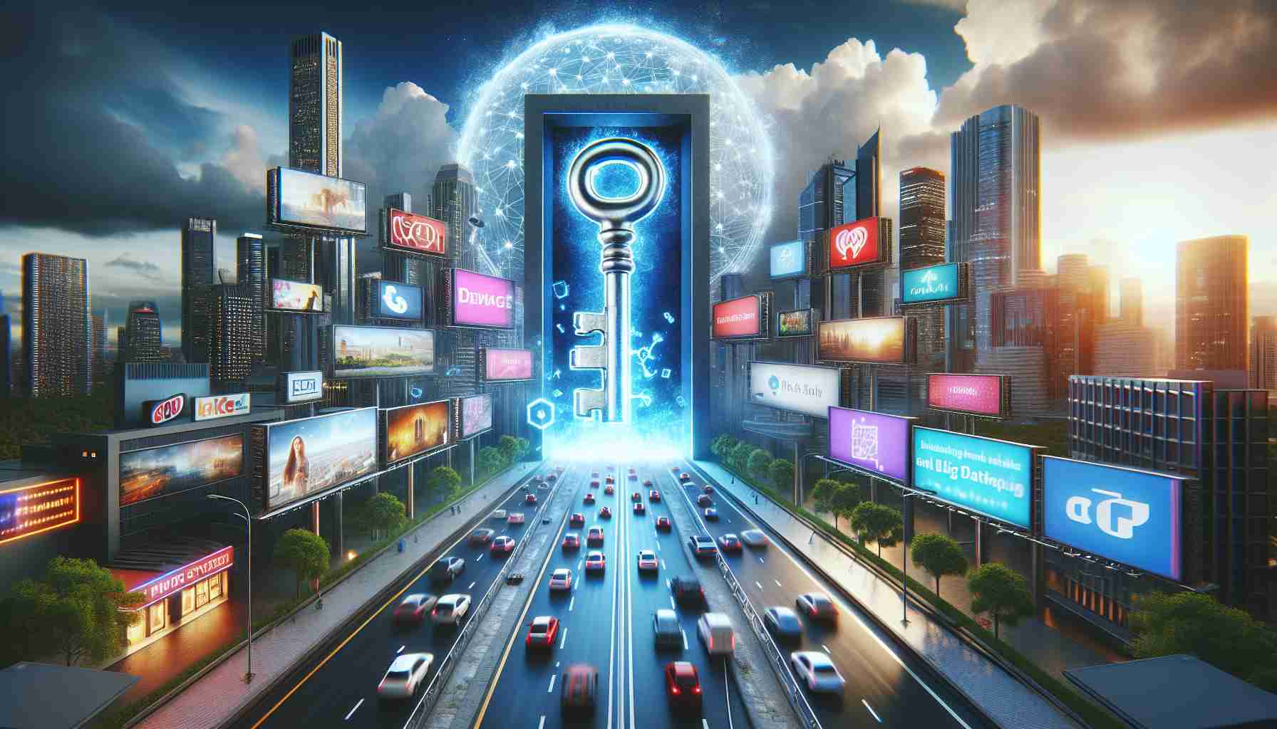 A high-resolution image illustrating the concept of 'Unlocking the Future'. This scene depicts the process of reshaping the advertising landscape, perhaps symbolized by a massive key unlocking a door that leads to a modern city filled with billboards and digital screens flashing various ads. Behind the door, represent technologies such as AI, Big Data, and Cloud Computing. The visuals should reflect optimism, innovation, and progress.