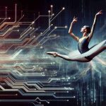 A high definition immersive photograph of an esteemed ballet dancer making a metaphorical leap into the futuristic world of technology. Depict the performer in mid-jump with electronic components like circuit diagrams, digital signals, and streams of binary code blending into the dance background to symbolize the transition.