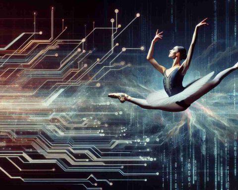 A high definition immersive photograph of an esteemed ballet dancer making a metaphorical leap into the futuristic world of technology. Depict the performer in mid-jump with electronic components like circuit diagrams, digital signals, and streams of binary code blending into the dance background to symbolize the transition.