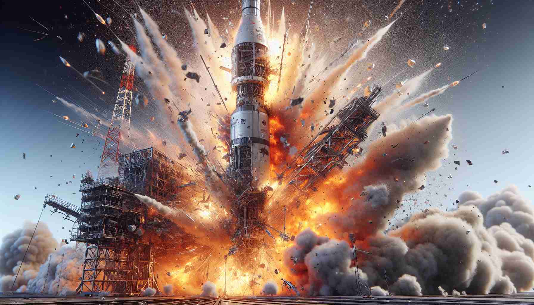 High-resolution realistic illustration of a shocking incident involving Japan's next-generation rocket. The scene captures a moment where the combustion test has gone wrong, with detailed imagery of the rocket's complex design and structural elements impacted by the malfunction. Please portray the intense energy, heat, and chaos of the situation while maintaining the aesthetic realism of the rocket technology.