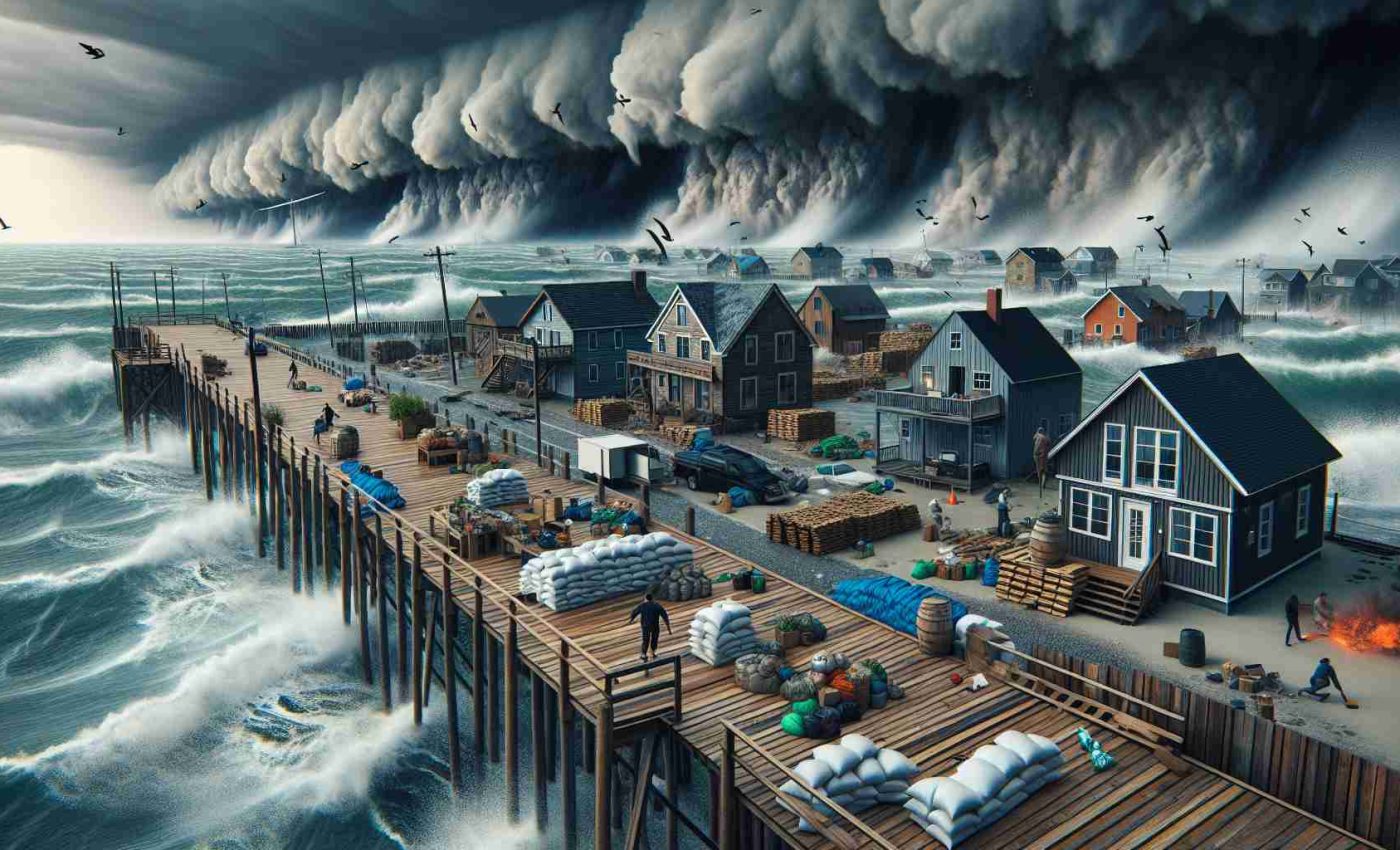 A high-definition realistic image of a severe weather alert scenario. Coastal communities are preparing for a strong storm that is approaching. Visualize the stormy atmosphere with dark clouds hovering over the sea and strong winds causing violent waves. Wooden houses near the coast are boarded up and residents are rushing to secure their belongings. There are sandbags around the houses for protection against potential flooding. The entire scene is tense and anticipating the impending storm.