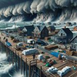 A high-definition realistic image of a severe weather alert scenario. Coastal communities are preparing for a strong storm that is approaching. Visualize the stormy atmosphere with dark clouds hovering over the sea and strong winds causing violent waves. Wooden houses near the coast are boarded up and residents are rushing to secure their belongings. There are sandbags around the houses for protection against potential flooding. The entire scene is tense and anticipating the impending storm.