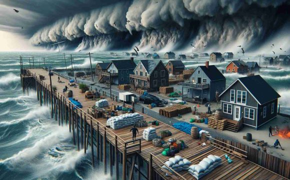 A high-definition realistic image of a severe weather alert scenario. Coastal communities are preparing for a strong storm that is approaching. Visualize the stormy atmosphere with dark clouds hovering over the sea and strong winds causing violent waves. Wooden houses near the coast are boarded up and residents are rushing to secure their belongings. There are sandbags around the houses for protection against potential flooding. The entire scene is tense and anticipating the impending storm.