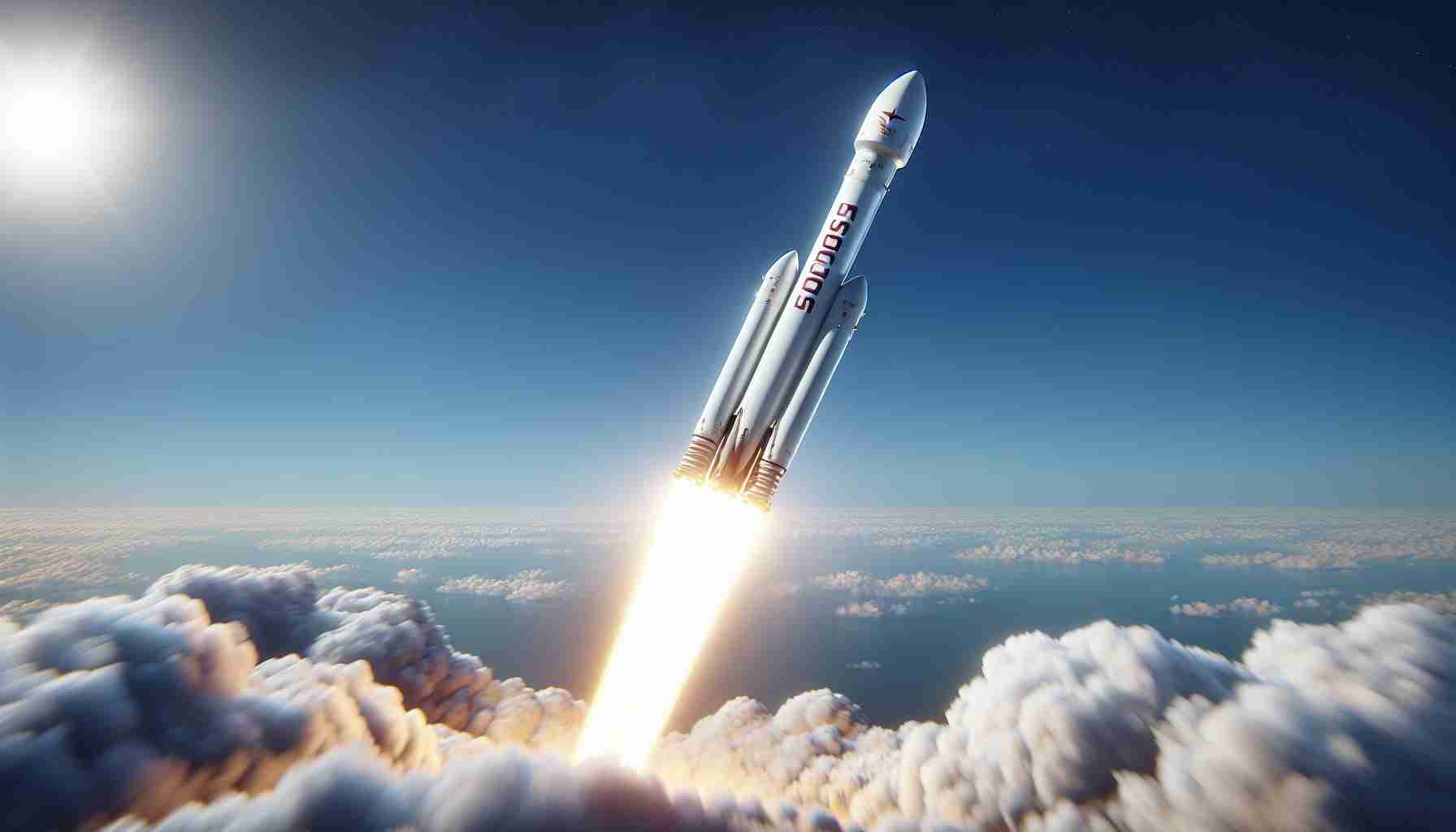 Realistic high-definition image of a private space exploration company launching a Falcon 9 class rocket. Display it soaring skywards, leaving a bright trail of exhaust behind. The rocket is painted with the company's logo and colors on its body, standing out against the backdrop of the clear, azure sky.