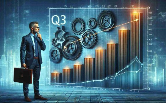 An HD image illustrating the concept of a third quarter (Q3) financial performance leading a banking institution to reevaluate their strategy, represented metaphorically. It could feature a large, imposing bar chart showing impressive Q3 results. In response to this, a well-dressed banker, Caucasian male, with glasses and a briefcase is standing nearby, deep in thought as he studies the chart, the gears of strategy visibly turning in his mind.