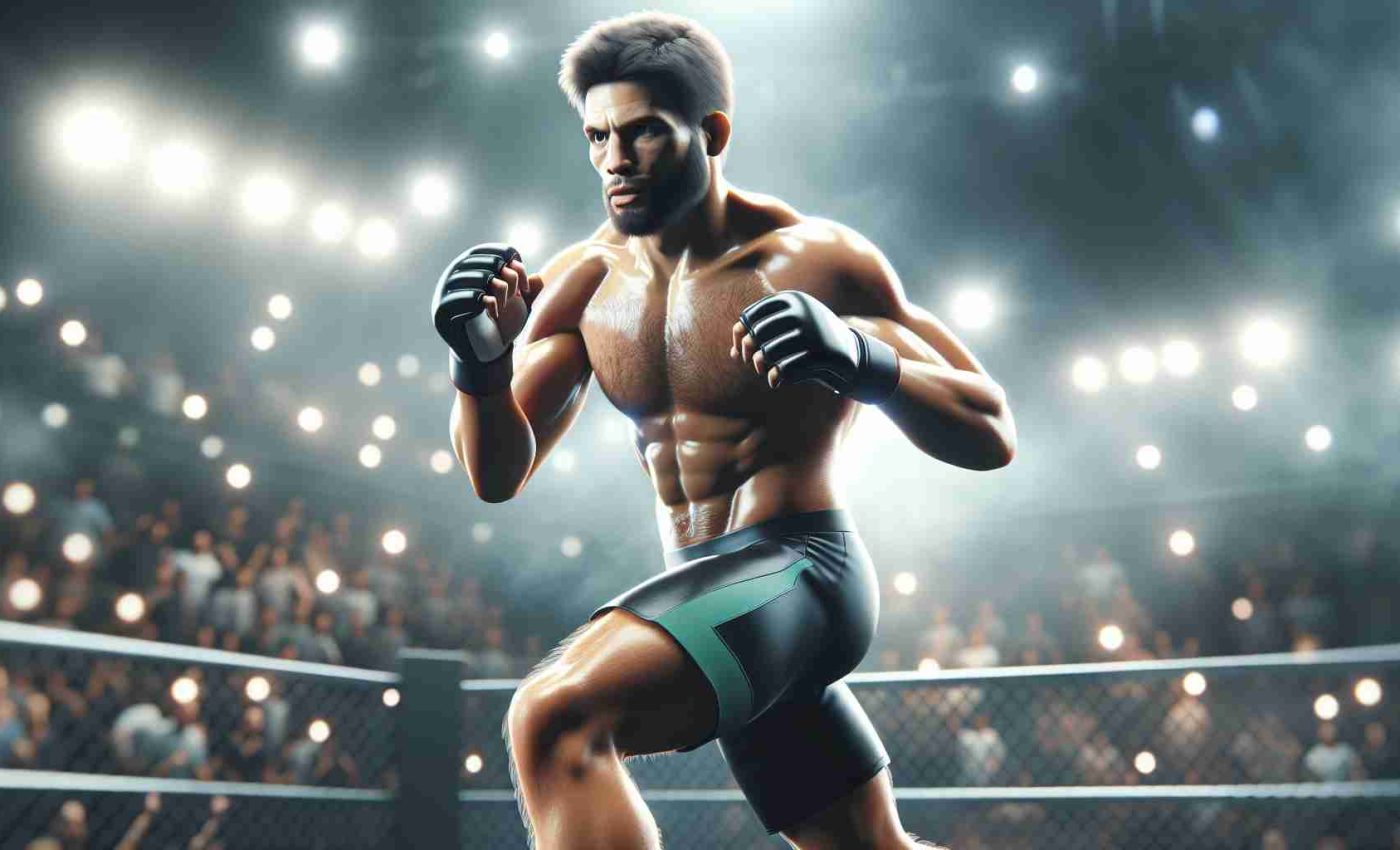 Create a high-definition, realistic image of a professional unnamed male MMA fighter, similar in physique to prominent fighters, during a future fight. Show him in the fighting ring, wearing black shorts with a green stripe. Present the fighter in a purposeful, intense stance, ready for his next strike. The environment around should be filled with a buzz; show stadium lights, blurred cheering crowds and a hazy view of the opponent in the background.