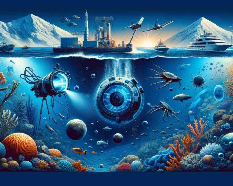 Generate a realistic, high-definition image that visually captures the concept of 'Unmasking the Ocean Mystery.' The image should feature elements representing NASA's ongoing underwater exploration, such as technologically advanced aquatic vehicles diving into the deep blue ocean, exploring its depths and revealing its secrets. There should be various marine organisms, unknown terrains, coral reefs, and underwater volcanoes. The image should reflect the contrast between the known surface world and the mysterious underwater realm.