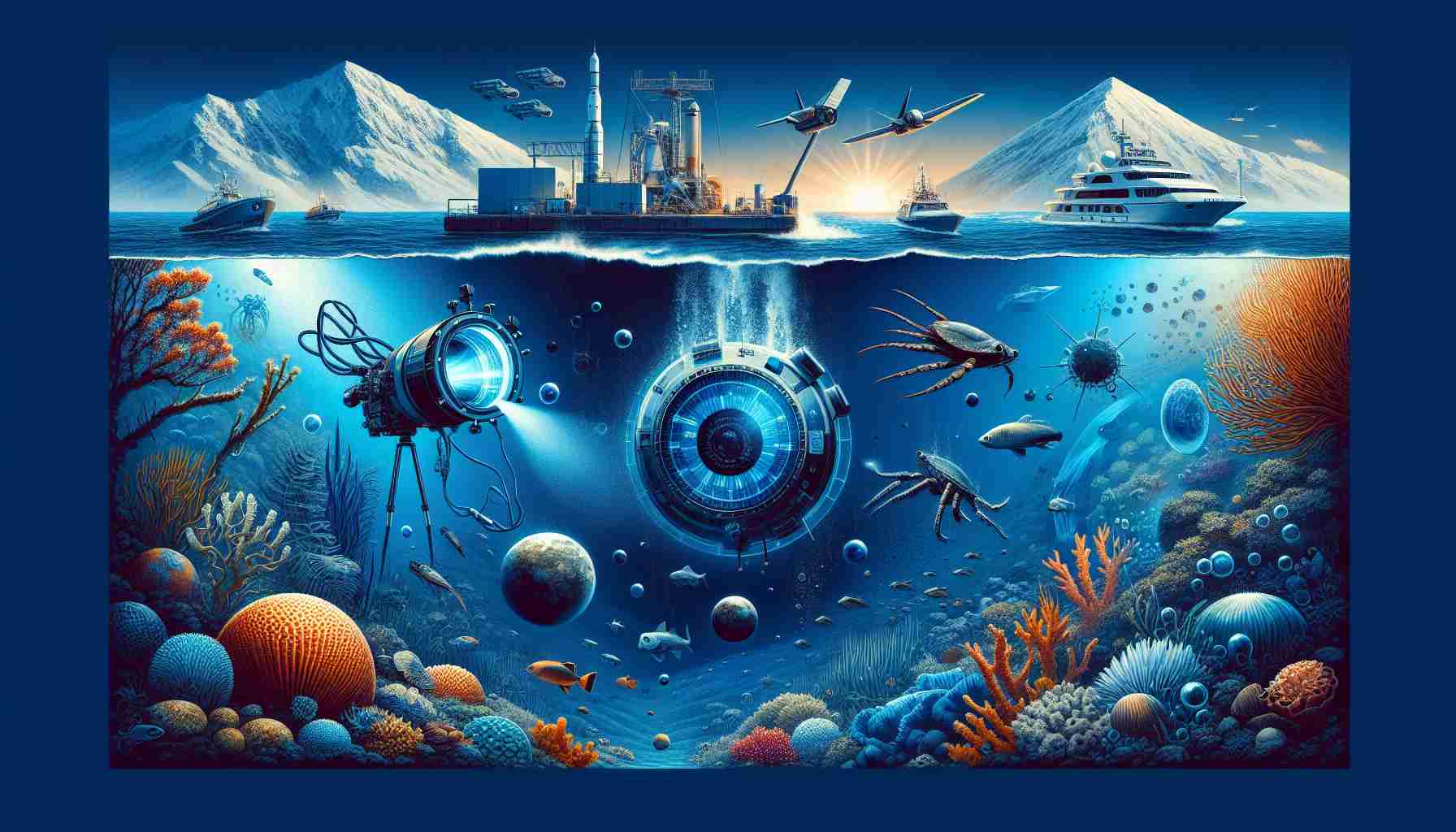 Generate a realistic, high-definition image that visually captures the concept of 'Unmasking the Ocean Mystery.' The image should feature elements representing NASA's ongoing underwater exploration, such as technologically advanced aquatic vehicles diving into the deep blue ocean, exploring its depths and revealing its secrets. There should be various marine organisms, unknown terrains, coral reefs, and underwater volcanoes. The image should reflect the contrast between the known surface world and the mysterious underwater realm.