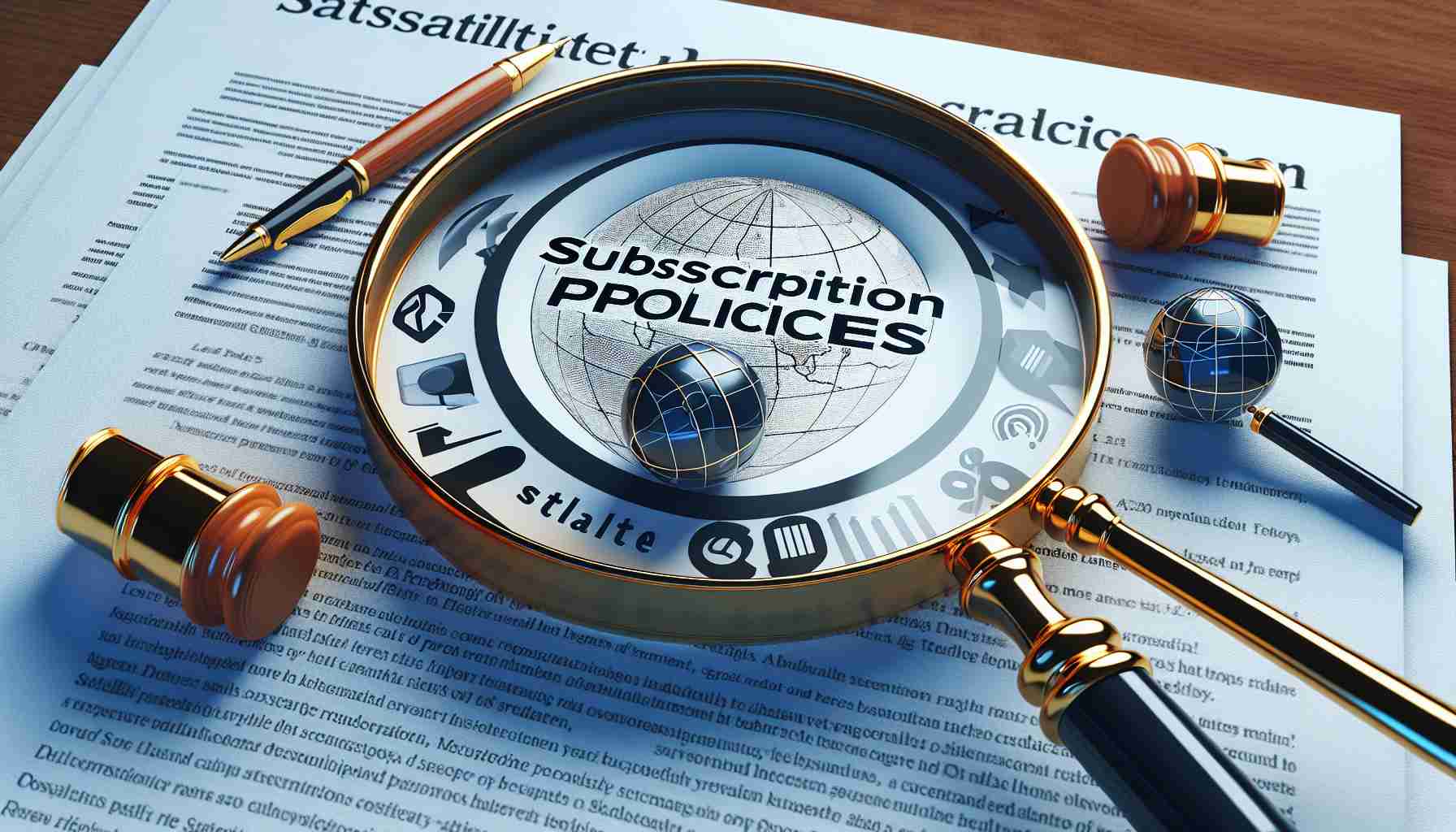 Realistic high-definition image of a conceptual representation of a legal dispute regarding the subscription policies of a prominent satellite radio company. The image includes a legal document with 'Subscription Policies' written at the top, a magnifying glass scrutinizing the text, and logos representing satellite radio broadcasting.