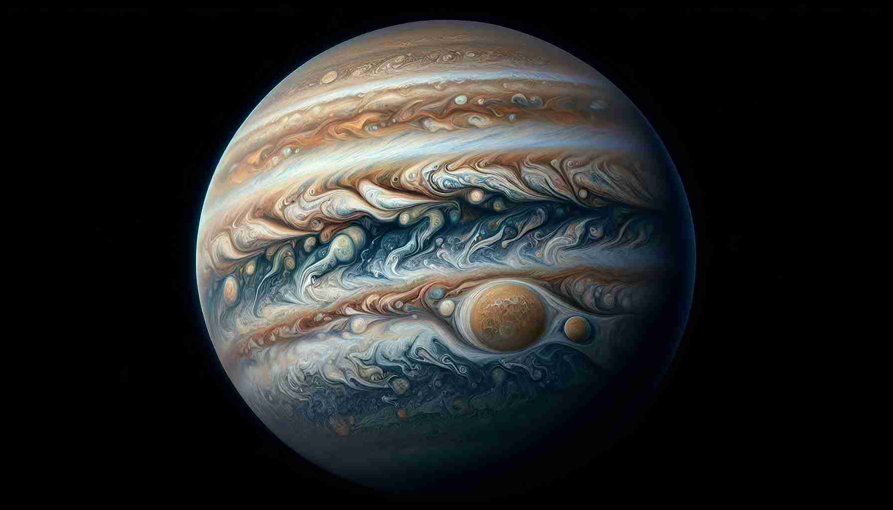 Generate a highly detailed and realistic image depicting the majestic chaos of the gas giant, Jupiter, as if it were being unveiled. Showcase the planet's atmospheric turbulence, swirling gas storms, bands of different colors, and iconic features such as the Great Red Spot. The overall picture should convey the power and majesty of this celestial body in High Definition quality.