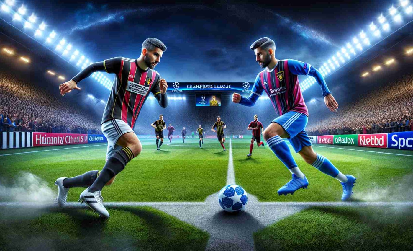 Detailed and realistic high-definition image of an exciting soccer showdown: two professional teams, one in apparel typical of Belgian soccer clubs with black and blue stripes, the other in claret and blue uniforms, indicative of a British soccer club. They're clashing on a green grassy field with advertisements and cheering crowds in the background. It's a night match in UEFA Champions League, represented by the star ball in the middle of the field.