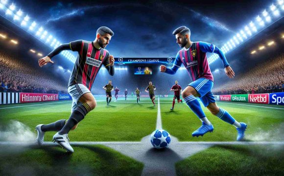 Detailed and realistic high-definition image of an exciting soccer showdown: two professional teams, one in apparel typical of Belgian soccer clubs with black and blue stripes, the other in claret and blue uniforms, indicative of a British soccer club. They're clashing on a green grassy field with advertisements and cheering crowds in the background. It's a night match in UEFA Champions League, represented by the star ball in the middle of the field.