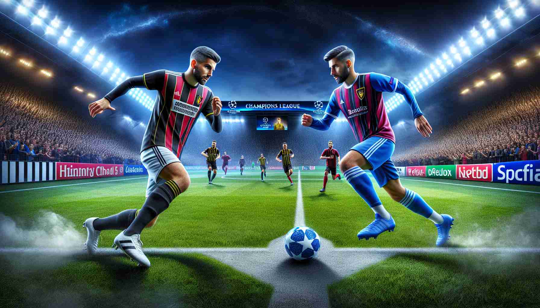 Detailed and realistic high-definition image of an exciting soccer showdown: two professional teams, one in apparel typical of Belgian soccer clubs with black and blue stripes, the other in claret and blue uniforms, indicative of a British soccer club. They're clashing on a green grassy field with advertisements and cheering crowds in the background. It's a night match in UEFA Champions League, represented by the star ball in the middle of the field.