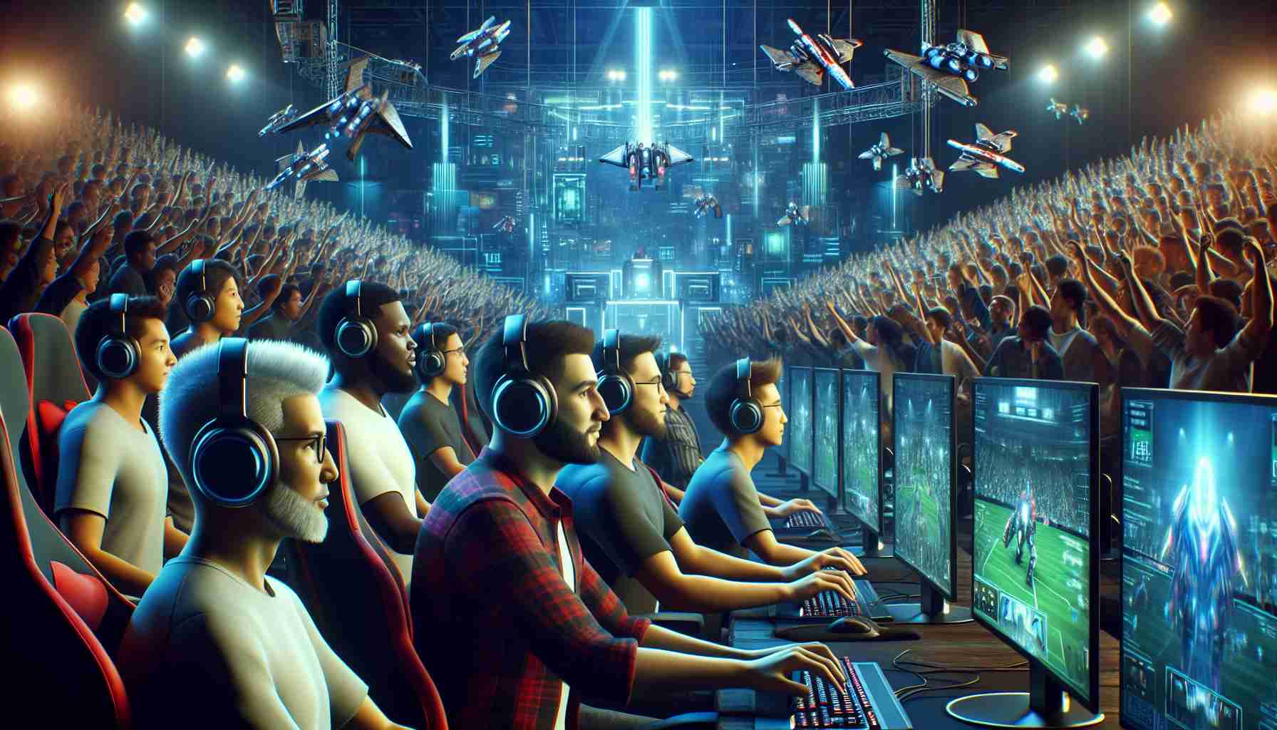 High definition, realistic depiction of enormous transformations coming for a popular online multiplayer game's Esports scene in the year 2025. The scene should include high-tech gaming equipment, excited audience in the background, and players deeply focused on their screens. Players should be diverse, including men and women from differing descents such as Caucasian, Black, Middle-Eastern, South Asian, and Hispanic. The overall mood of the image would be intense and anticipatory, reflecting significant upcoming changes.