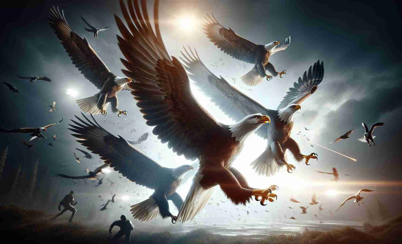 Create a realistic HD image representing the scene in which the rising stars of a team of eagles shine and demonstrate their skill despite an injury scare. The image should convey the tension and resilience of the situation, with the eagles soaring in the sky, their powerful wings spread wide. The light should emphasize their majesty, casting their shadows on the ground below. The background should have a hint of an ominous injury scare, perhaps an eagle dealing with a minor wound or a hint of danger lurking in the environment.