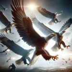 Create a realistic HD image representing the scene in which the rising stars of a team of eagles shine and demonstrate their skill despite an injury scare. The image should convey the tension and resilience of the situation, with the eagles soaring in the sky, their powerful wings spread wide. The light should emphasize their majesty, casting their shadows on the ground below. The background should have a hint of an ominous injury scare, perhaps an eagle dealing with a minor wound or a hint of danger lurking in the environment.