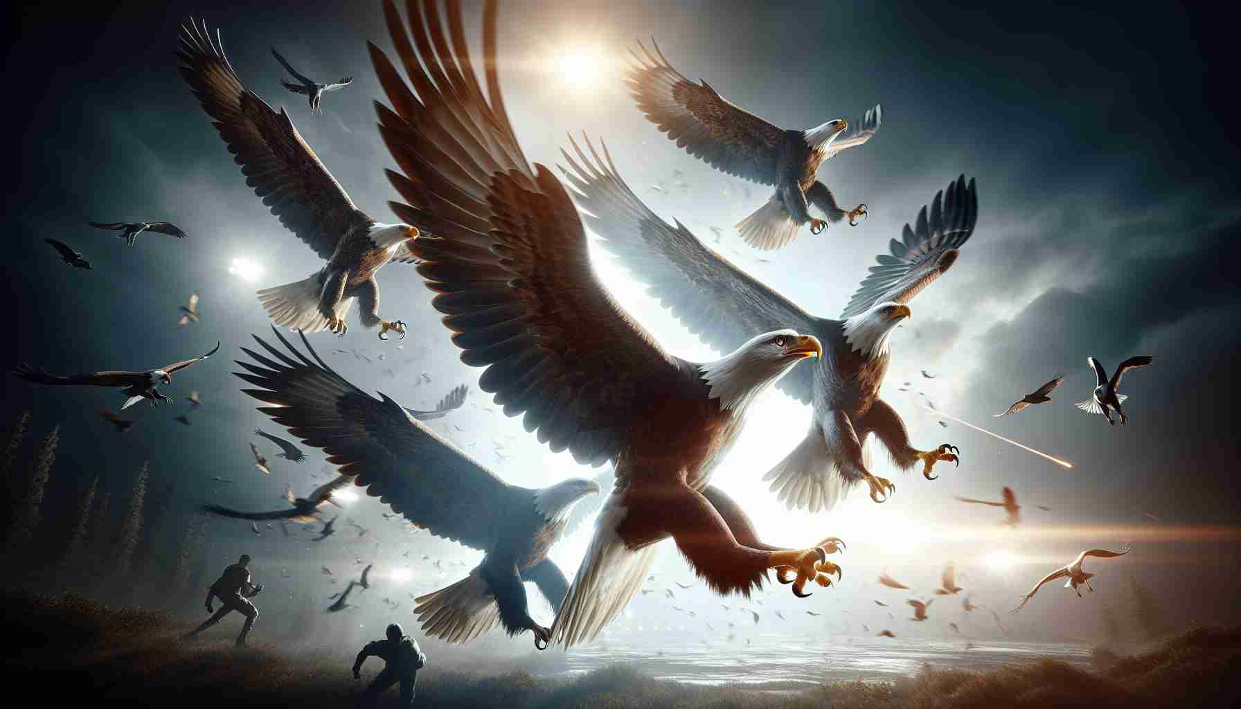 Create a realistic HD image representing the scene in which the rising stars of a team of eagles shine and demonstrate their skill despite an injury scare. The image should convey the tension and resilience of the situation, with the eagles soaring in the sky, their powerful wings spread wide. The light should emphasize their majesty, casting their shadows on the ground below. The background should have a hint of an ominous injury scare, perhaps an eagle dealing with a minor wound or a hint of danger lurking in the environment.