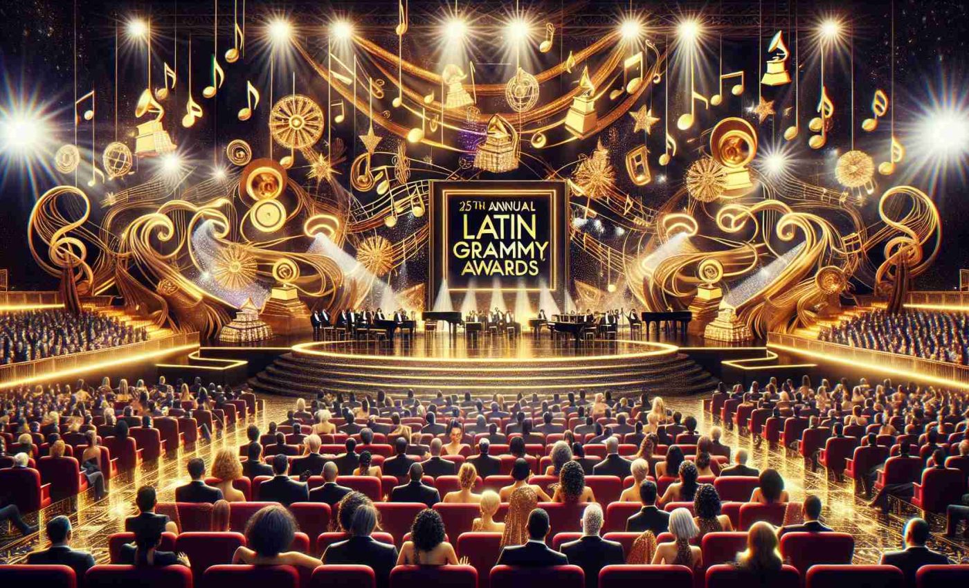 Generate an image of a vibrant and busy stage setting with decorative elements like music notes, golden microphones, grand piano, dazzling lights, and multiple seats. Insert a large golden banner with text displaying '25th Annual Latin Grammy Awards'. The stage is set for a star-studded event with people of Hispanic descent, a balanced mix of males and females, dressed in evening gowns and tuxedos, indicating a musical night of grandeur.