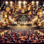 Generate an image of a vibrant and busy stage setting with decorative elements like music notes, golden microphones, grand piano, dazzling lights, and multiple seats. Insert a large golden banner with text displaying '25th Annual Latin Grammy Awards'. The stage is set for a star-studded event with people of Hispanic descent, a balanced mix of males and females, dressed in evening gowns and tuxedos, indicating a musical night of grandeur.