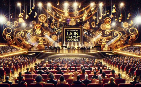 Generate an image of a vibrant and busy stage setting with decorative elements like music notes, golden microphones, grand piano, dazzling lights, and multiple seats. Insert a large golden banner with text displaying '25th Annual Latin Grammy Awards'. The stage is set for a star-studded event with people of Hispanic descent, a balanced mix of males and females, dressed in evening gowns and tuxedos, indicating a musical night of grandeur.