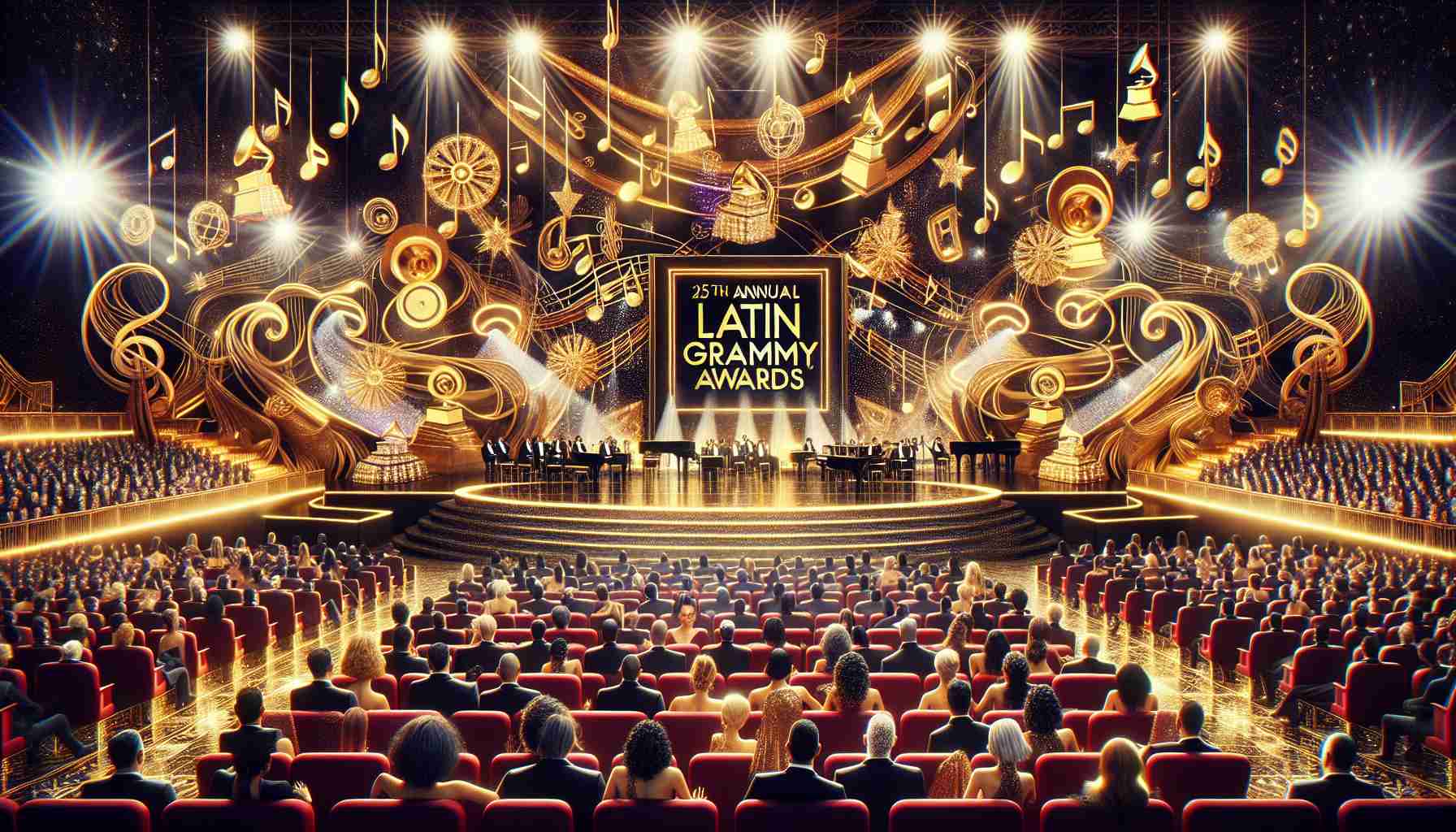 Generate an image of a vibrant and busy stage setting with decorative elements like music notes, golden microphones, grand piano, dazzling lights, and multiple seats. Insert a large golden banner with text displaying '25th Annual Latin Grammy Awards'. The stage is set for a star-studded event with people of Hispanic descent, a balanced mix of males and females, dressed in evening gowns and tuxedos, indicating a musical night of grandeur.