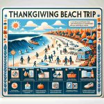 A detailed, high-definition image that illustrates a Thanksgiving beach trip being safe. It should include clear visual indications of safety measures being adhered to, along with a guide or informative signs explaining the necessary precautions to ensure safety during a beach trip. It should be set during the season of fall to highlight the Thanksgiving context.