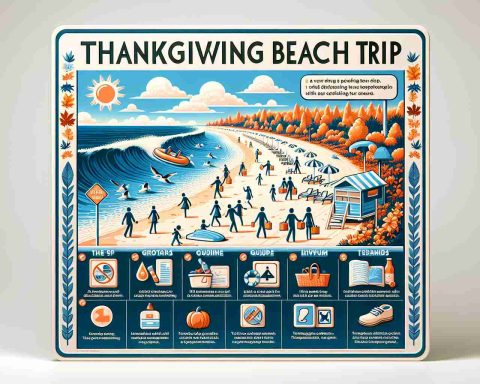 A detailed, high-definition image that illustrates a Thanksgiving beach trip being safe. It should include clear visual indications of safety measures being adhered to, along with a guide or informative signs explaining the necessary precautions to ensure safety during a beach trip. It should be set during the season of fall to highlight the Thanksgiving context.