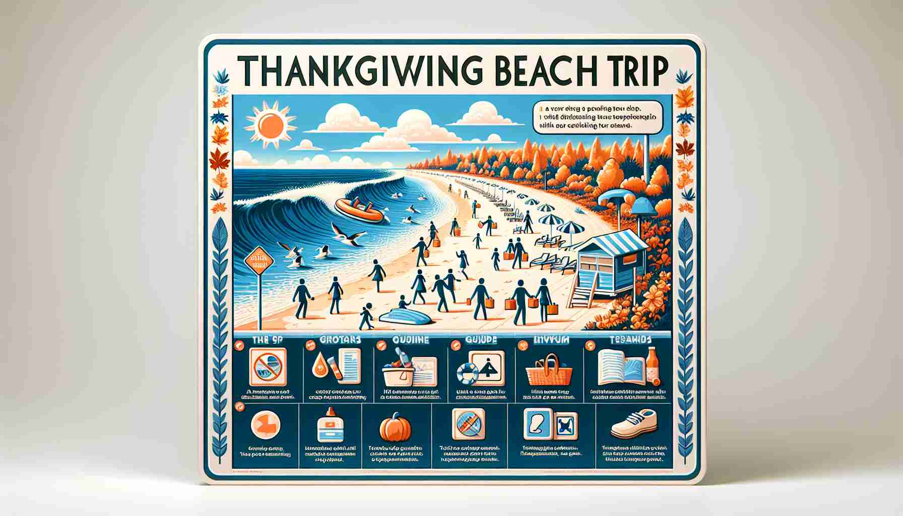 A detailed, high-definition image that illustrates a Thanksgiving beach trip being safe. It should include clear visual indications of safety measures being adhered to, along with a guide or informative signs explaining the necessary precautions to ensure safety during a beach trip. It should be set during the season of fall to highlight the Thanksgiving context.