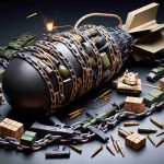 A detailed and high-definition image representing the concept of America's defense supply chain being compared to a ticking time bomb. The main subjects of this image should be a chain made from various military supplies, such as tanks, firearms, ammunition packages, and other standard military goods. The chain should be coiling around a large, classic-styled bomb with a lit fuse, indciating the impending danger. Emphasize the use of tones, lighting and perspective to achieve a realistic atmosphere.