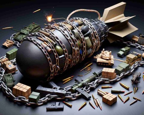 A detailed and high-definition image representing the concept of America's defense supply chain being compared to a ticking time bomb. The main subjects of this image should be a chain made from various military supplies, such as tanks, firearms, ammunition packages, and other standard military goods. The chain should be coiling around a large, classic-styled bomb with a lit fuse, indciating the impending danger. Emphasize the use of tones, lighting and perspective to achieve a realistic atmosphere.